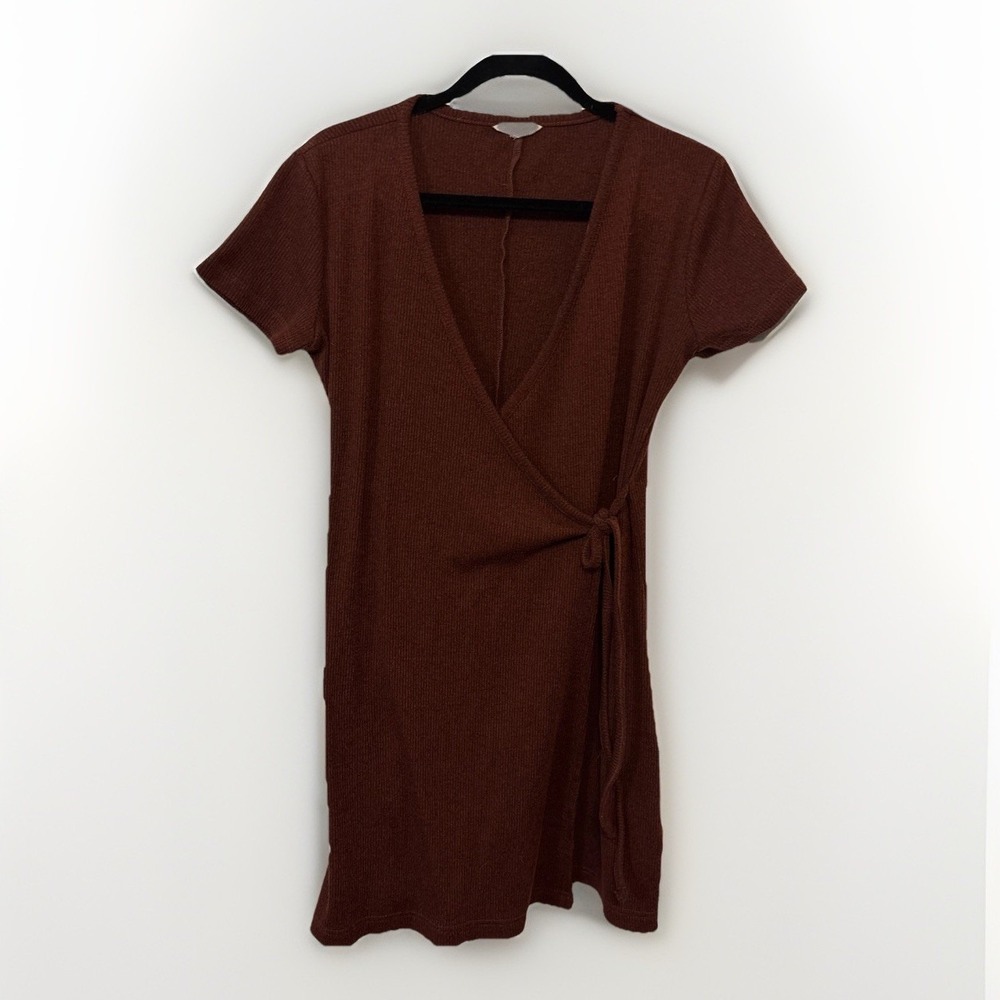 Madewell Ribbed Knit Wrap T-Shirt Dress Burgundy Side-Tie AB282 Mens S